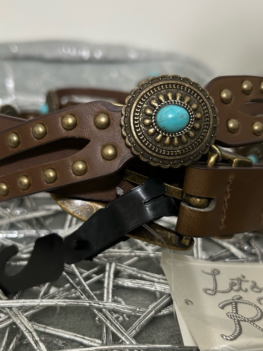 NWT Cato Western-Style Brown Leather Belt with Turquoise Accents 1X2X - Picture 5 of 5